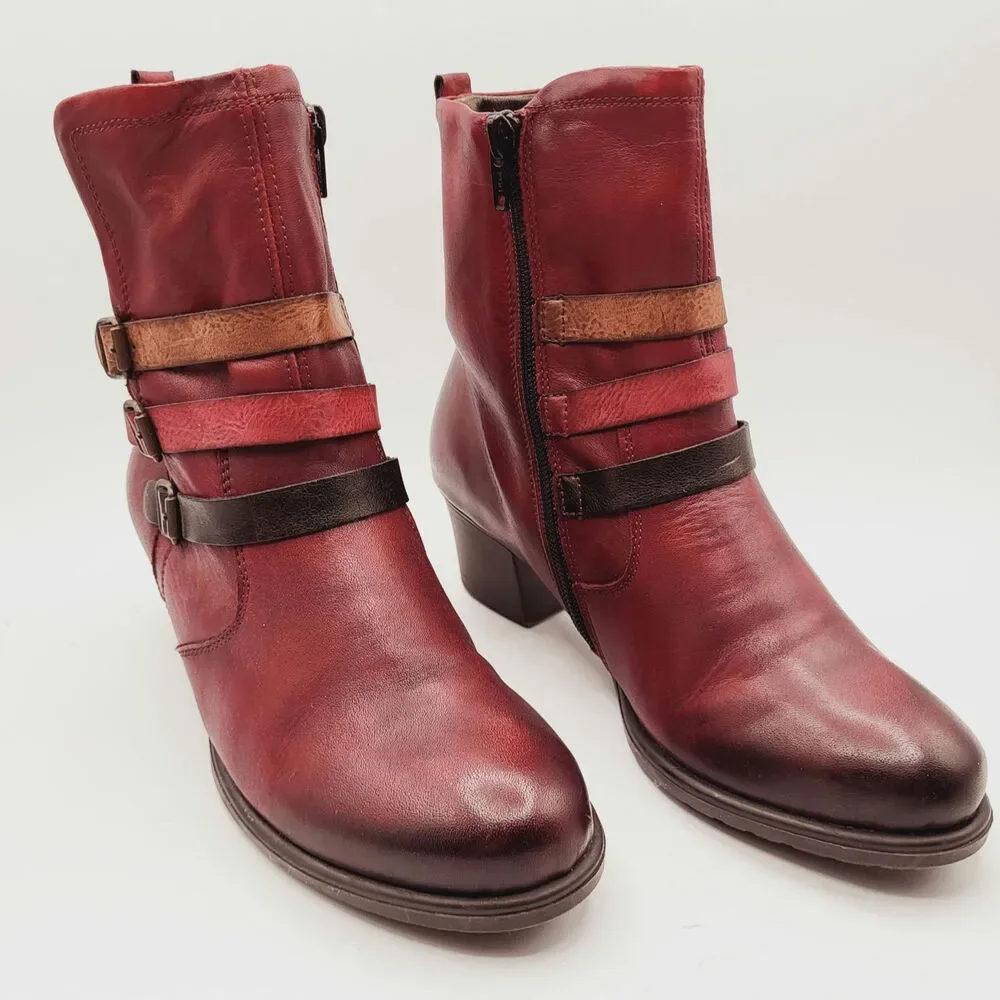 Remonte Red Leather Burnished Toe Tri-Colored Straps 2" Heel Artistic Boot Sz 37 - Picture 2 of 14